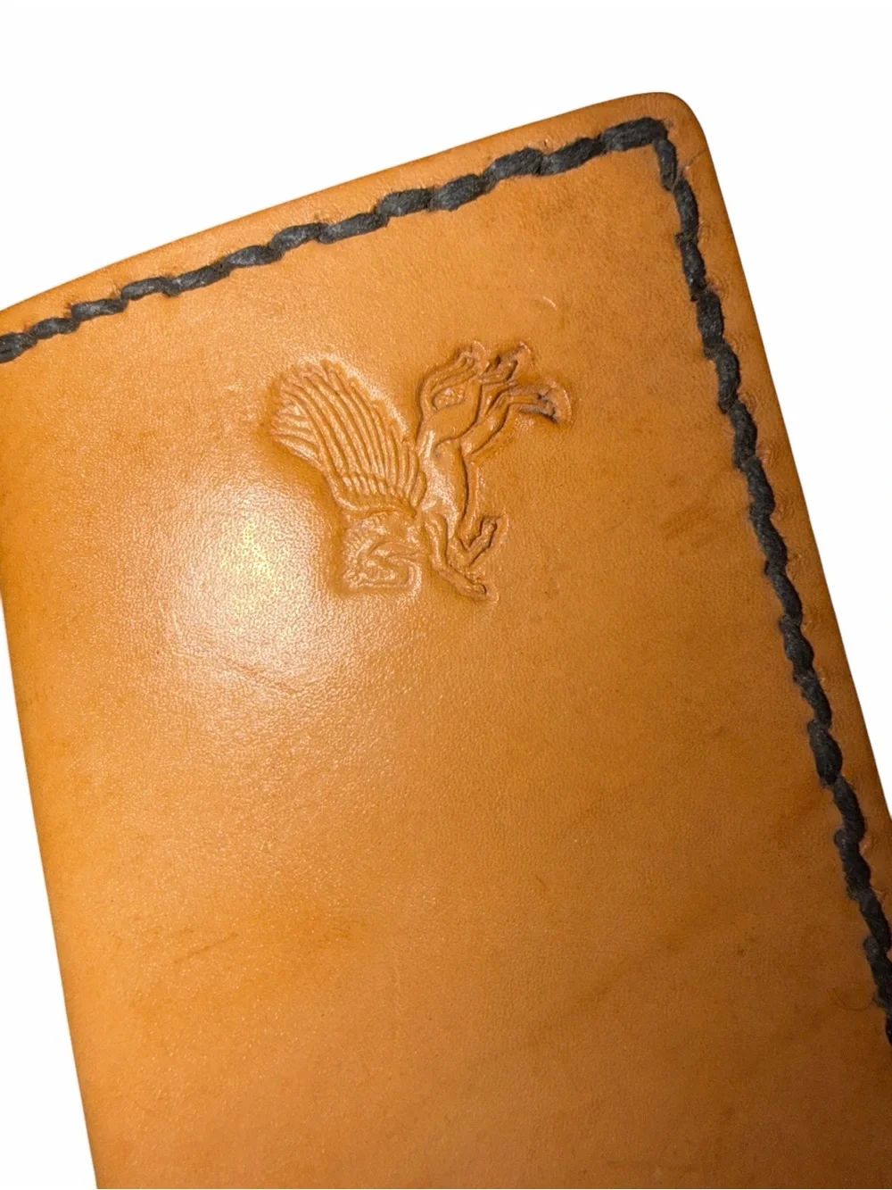 Handcrafted Tan Leather Men’s Checkbook Cover- Embossed Pegasus Design